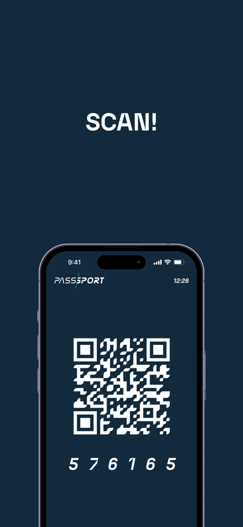 PassSport! - PassSport app screen displaying a QR code and numeric ID for facility entry
