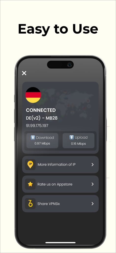 VPNSix - Optimized and Fast - Interfaz de la aplicación VPNSix mostrando una conexión exitosa a un servidor en Alemania con velocidades de descarga y carga