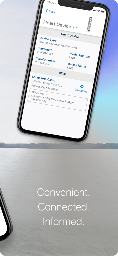 MyCareLink Heart™ - MyCareLink Heart app interface displaying cardiac device details and clinic contact information