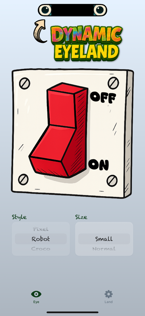 Pantalla de la aplicación Eyeland que muestra un gran interruptor rojo de encendido y apagado con opciones de personalización de estilo y tamaño para los ojos en la Isla Dinámica.