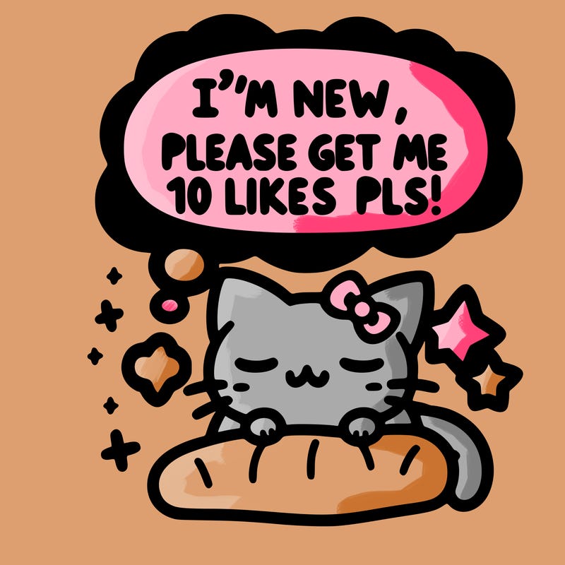 kitty taking a nap dream talking and saying "i'm new, please get me at least 10 likes pls!!"