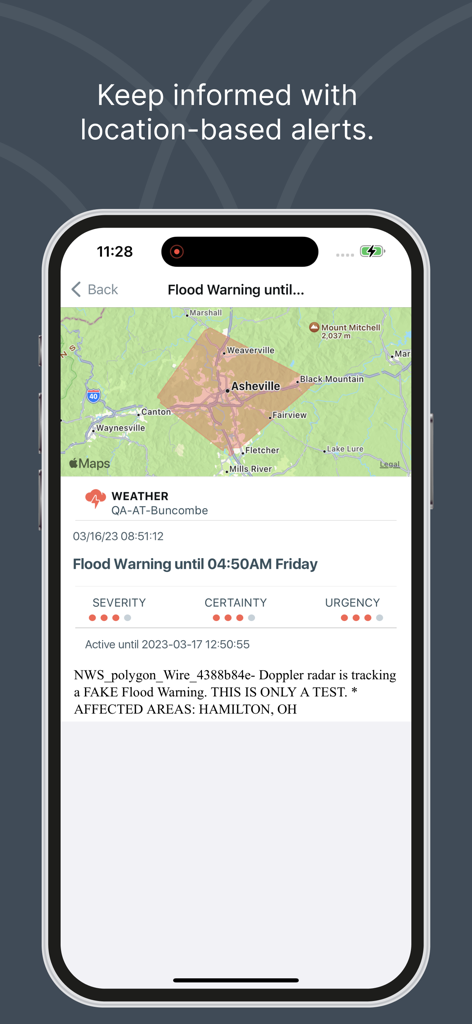 L'interface de l'application Everbridge affiche une alerte d'inondation et une carte géographique pour les alertes géolocalisées.
