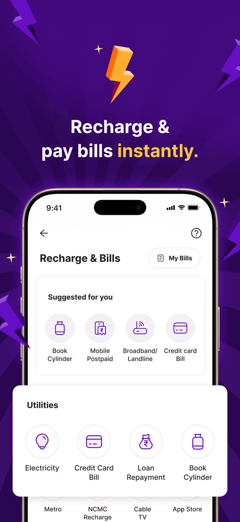 Smartphone screen showing the PhonePe app interface for instant bill payments and mobile recharges.