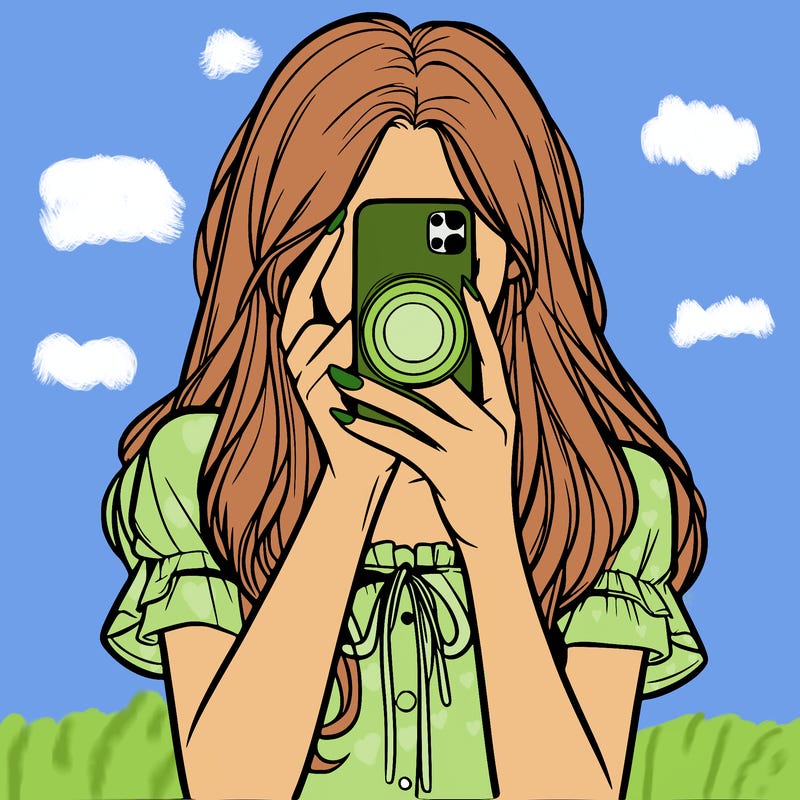 a realistic girl holding her phone taking pictures