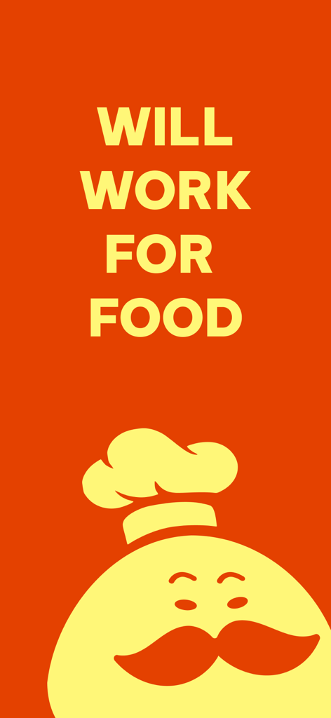 Anh Béo - Anh Beo app splash screen featuring a chef mascot and the text Will Work For Food on a red background.