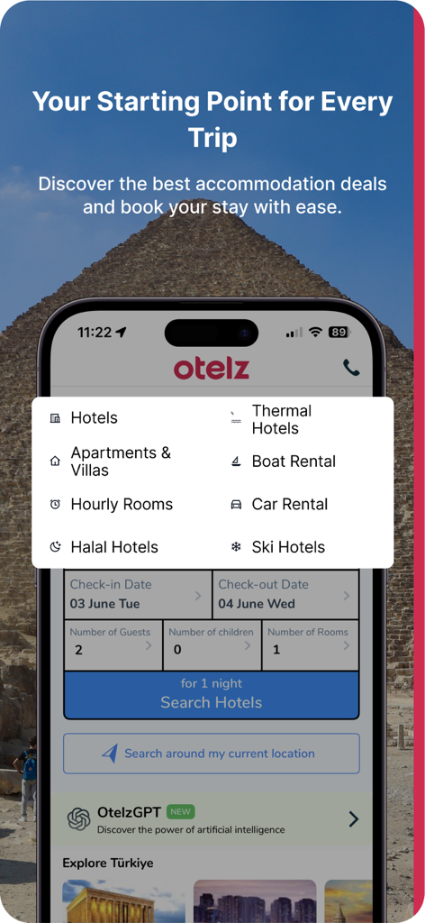 Otelz app home screen with hotel search and travel categories