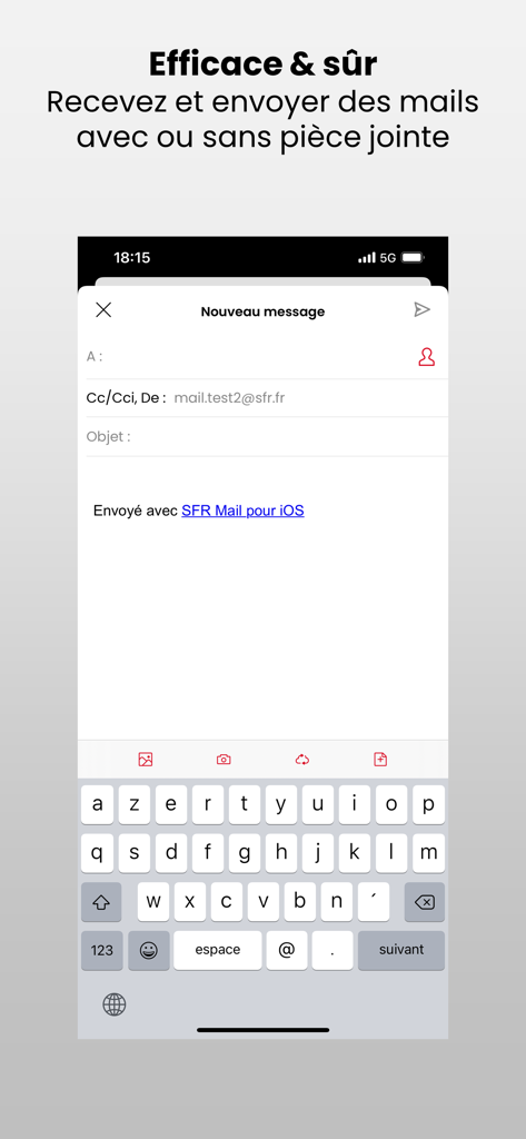 SFR Mail - Interface de l'application SFR Mail sur iPhone montrant l'écran de composition d'un nouveau message