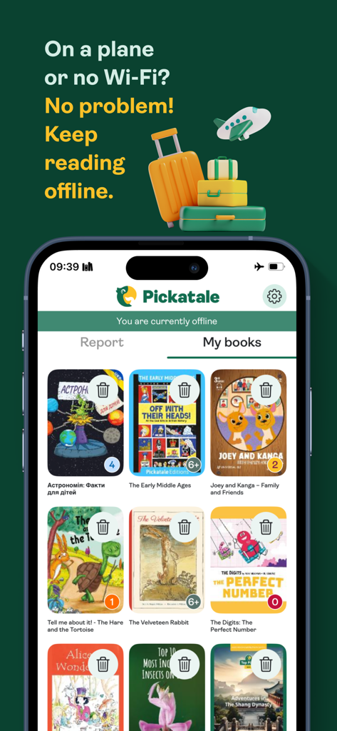 Pickatale - Pickatale app interface showing downloaded children's books available for offline reading without Wi-Fi.