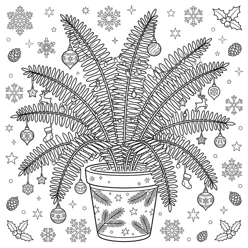 Embrace the festive season with this delightful Ladder Fern Christmas coloring page, beautifully decorated with holiday ornaments. Unleash your creativity and bring vibrant colors to this unique blend of nature and winter celebration.