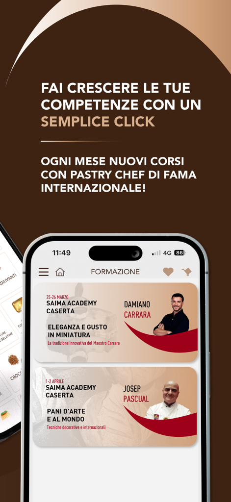 Saima: ordini clienti - Saima app screen displaying professional training courses for pastry chefs and bakers.