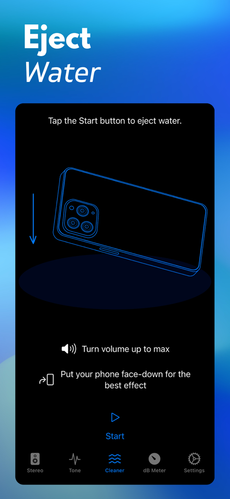 Interface of the Speaker Cleaner app showing the water eject feature with instructions to put the phone face down and turn volume to max