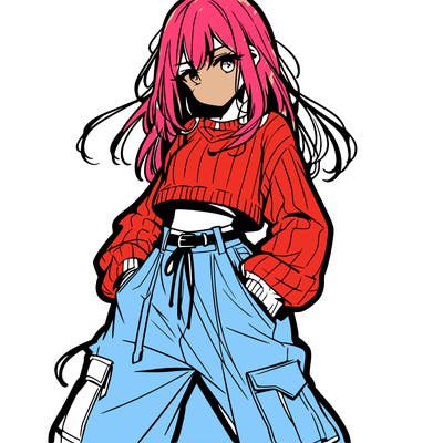 anime teen girl with baggy pants and crop top with sweater