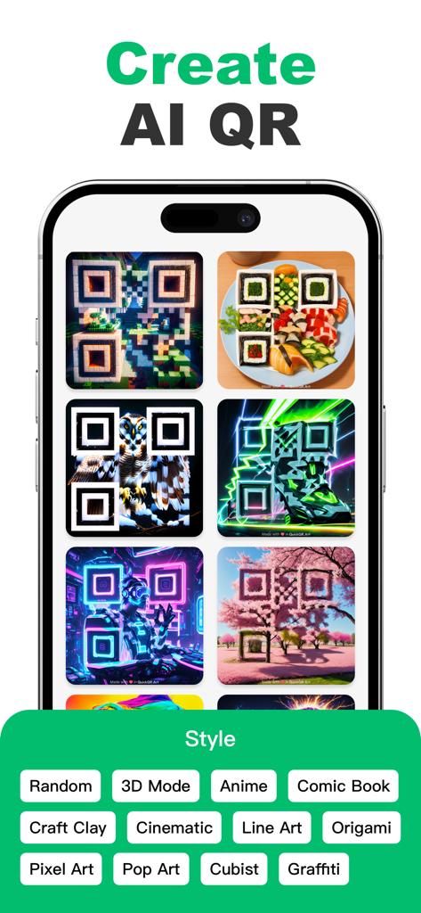 Easy QR Scan - Barcode Scanner - Pantalla de smartphone que muestra varios estilos de códigos QR artísticos generados por IA como Anime y Pixel Art