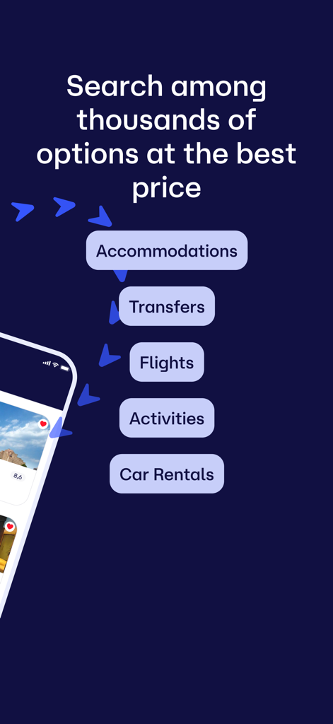 Reserving - Écran de l'application Reserving montrant les catégories de recherche de voyage pour les hébergements, les vols, les activités et la location de voitures.
