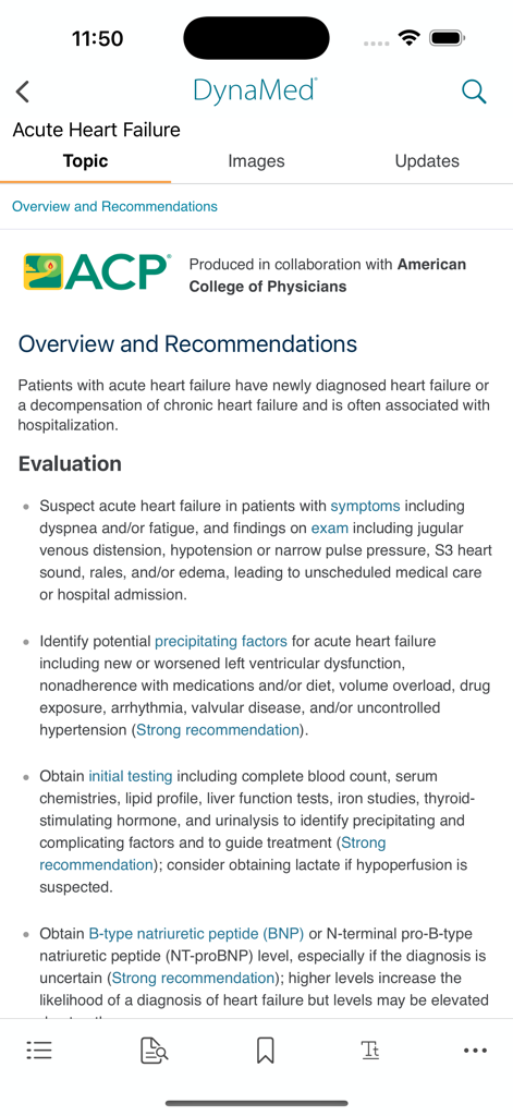 DynaMed - DynaMed app interface showing evidence-based guidelines and evaluation steps for acute heart failure