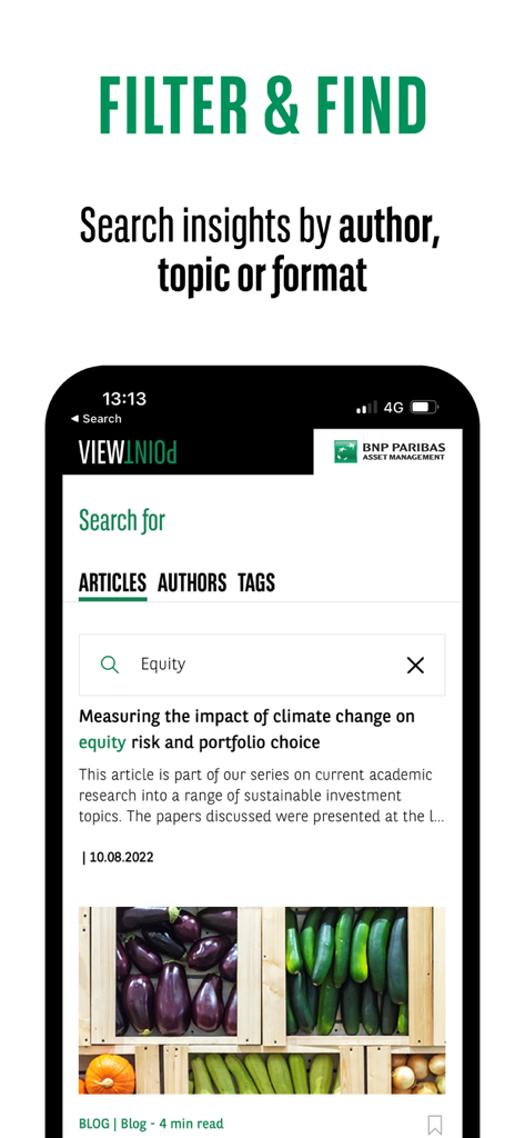 Search interface of Viewpoint by BNP Paribas app showing equity and climate change investment articles.