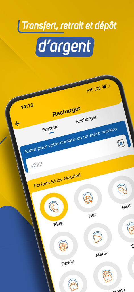 Moov Money Agent - Interface do aplicativo Moov Money Agent mostrando a tela de recarga com seleção de plano e entrada de número de telefone para contas mauritanas.