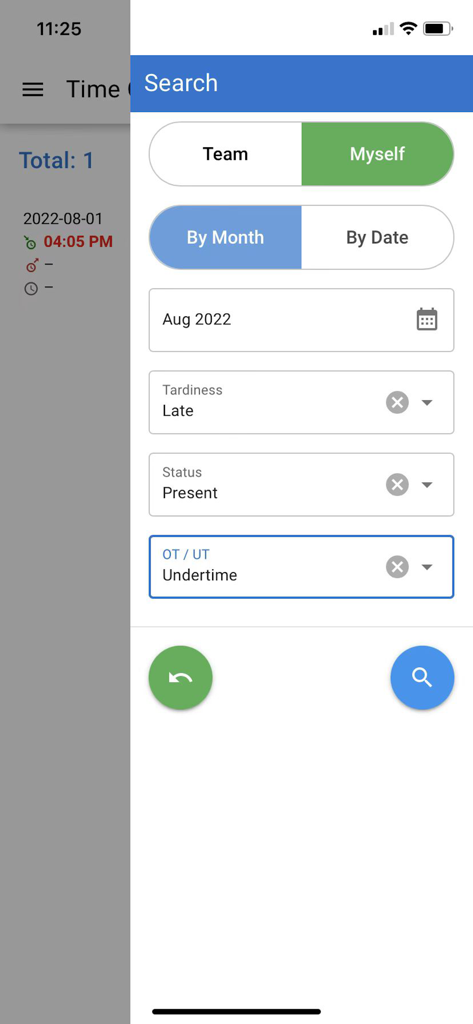 HR.my Mobile - Search filter interface in the HR.my Mobile app for tracking employee attendance records including tardiness and status.