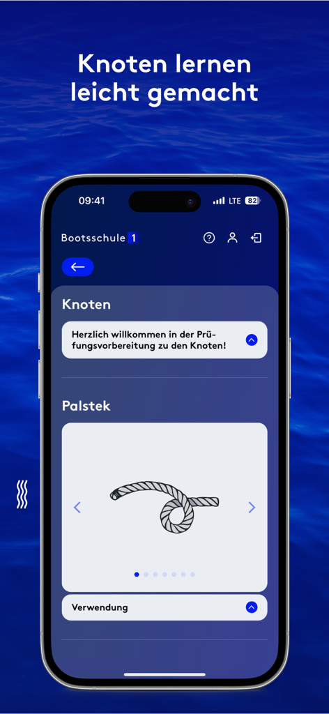 Bootsschule1 - Smartphone displaying the Bootsschule1 app lesson for learning boat knots including the Palstek