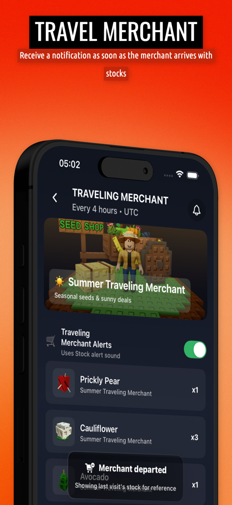 GAG Stocks - A mobile screen showing the Traveling Merchant shop stock and notification settings for the Grow A Garden Roblox game