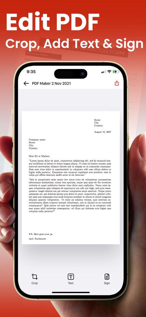 PDF Converter - Image to PDF . - Smartphone screen showing PDF editing tools including crop add text and digital signature features