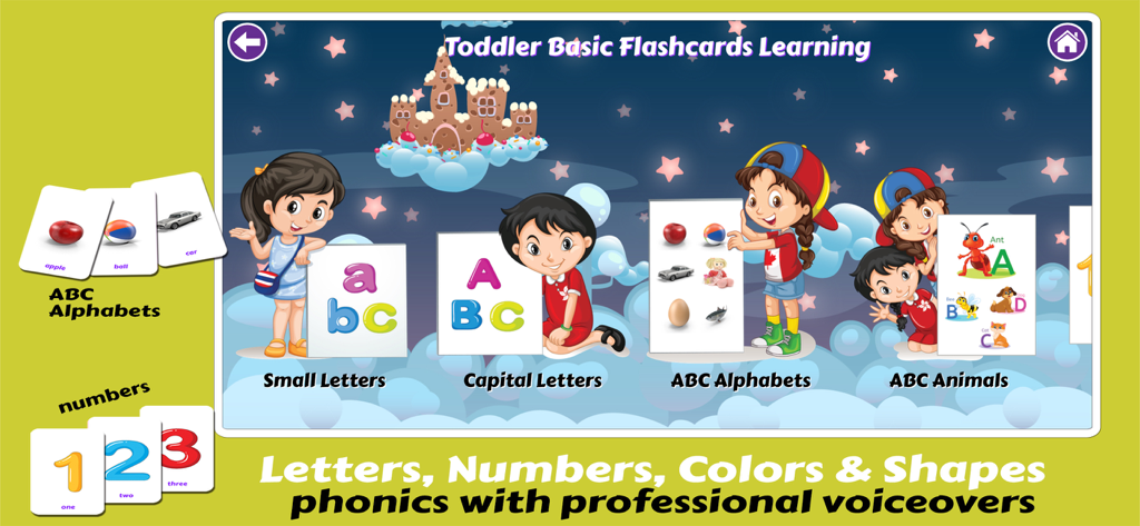 Pre K Preschool Learning Games - A menu screen of a preschool learning app showing flashcard categories for letters and numbers with cartoon children