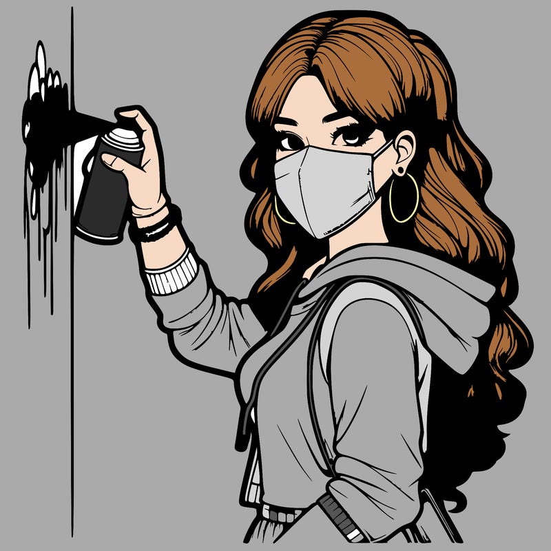 realistic girl with mask spray painting a wall