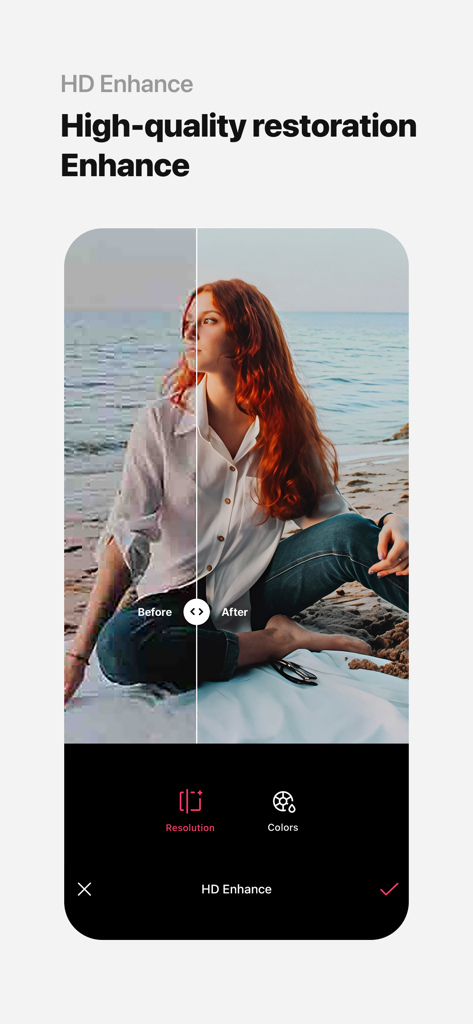 Fonctionnalité d'amélioration HD de l'éditeur photo IA EPIK montrant la restauration de la résolution de la photo avant et après