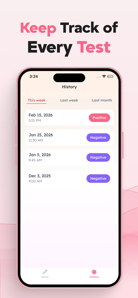 Pregnancy Test Checker & Scan - Mobile app interface showing a chronological history of pregnancy test results labeled as positive and negative.