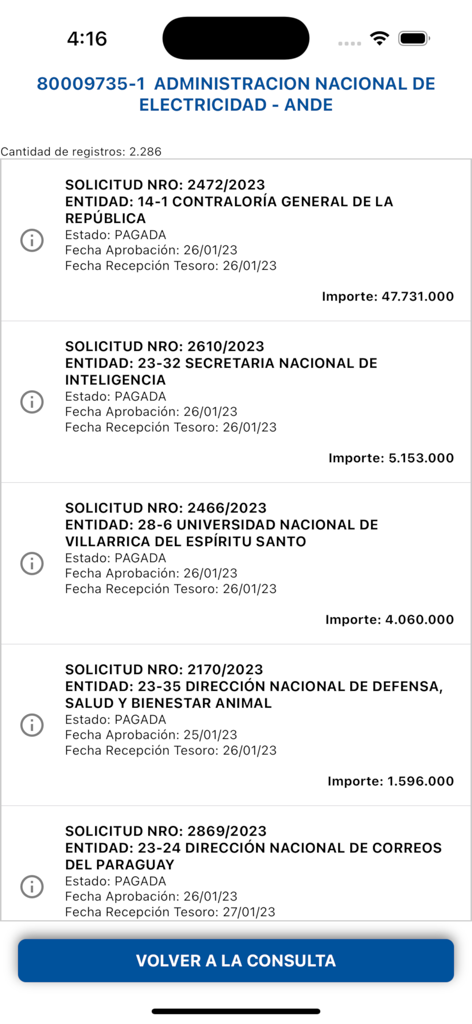 Eine Liste von staatlichen Überweisungsanträgen in der MEF Consultas App, die den bezahlten Status und die Beträge für verschiedene Einheiten anzeigt