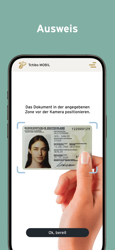 Mobile App-Bildschirm zeigt das Scannen eines deutschen Ausweises zur Identitätsprüfung in der Tchibo MOBIL App.