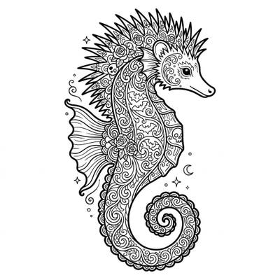 Explore the mystical depths with our captivating Gothic Hedgehog Seahorse coloring page. This intricate design blends marine wonder with a touch of dark elegance, perfect for adult colorists seeking a unique challenge.