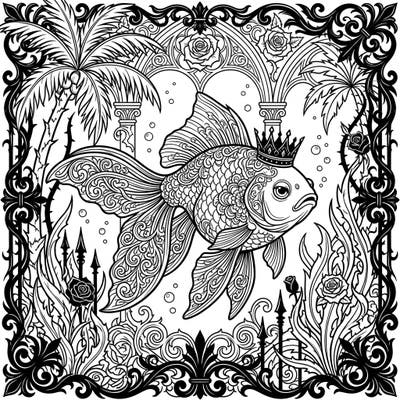 Embark on an extraordinary coloring journey with this regal goldfish, elegantly crowned and swimming through a uniquely gothic summer scene. Every detail, from the ornate Victorian arches to the thorny roses, invites you to blend tropical whimsy with dark elegance.