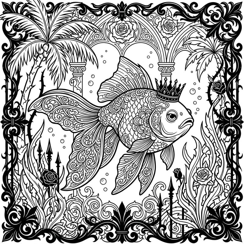 Embark on an extraordinary coloring journey with this regal goldfish, elegantly crowned and swimming through a uniquely gothic summer scene. Every detail, from the ornate Victorian arches to the thorny roses, invites you to blend tropical whimsy with dark elegance.