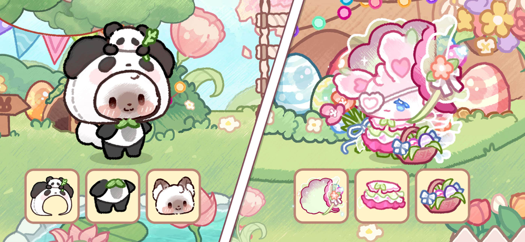 Lovely Cat World: Avatar Life - Two cute cat avatars showing off panda and pink floral dress-up options.