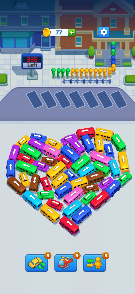Bus Parking Jam: Chaos Escape - Colorful buses arranged in a heart shape in a parking puzzle level