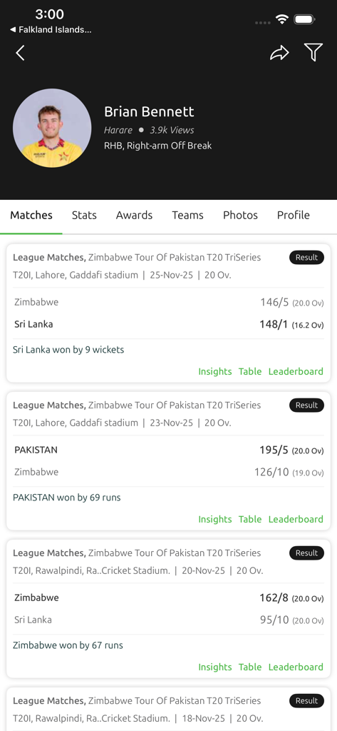 Zimbabwe Cricket - Brian Bennett player profile showing recent match results on the Zimbabwe Cricket app