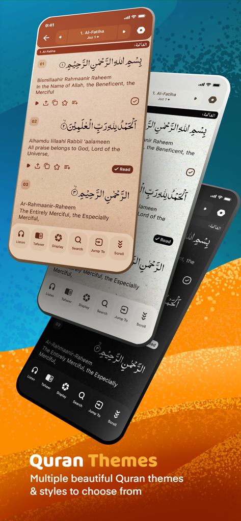 The Holy Quran app showing multiple reading themes including dark mode and parchment styles on iPhone screens.