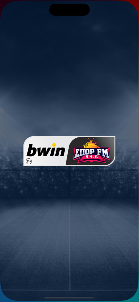bwinΣΠΟΡ FM 946 - bwin SPOR FM 94.6アプリのスプラッシュスクリーン。スタジアムの背景に局のロゴが表示されています。
