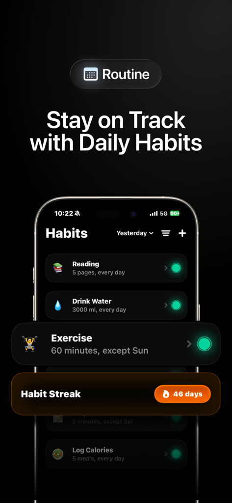 Pattrn AI - Self Improvement - Pattrn AI app interface displaying a daily habit checklist with a forty six day streak indicator