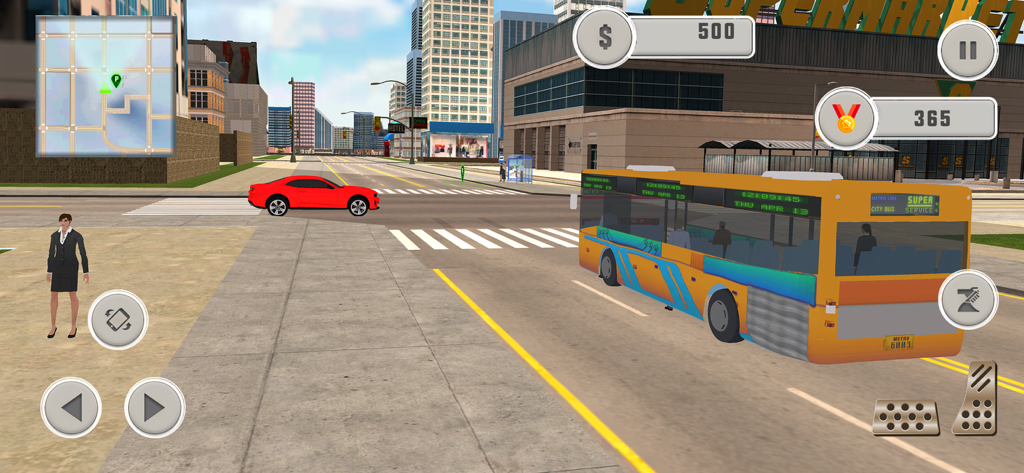 Tourist Passenger Bus Drive - A yellow city bus driving on a street in the Tourist Passenger Bus Drive simulator game