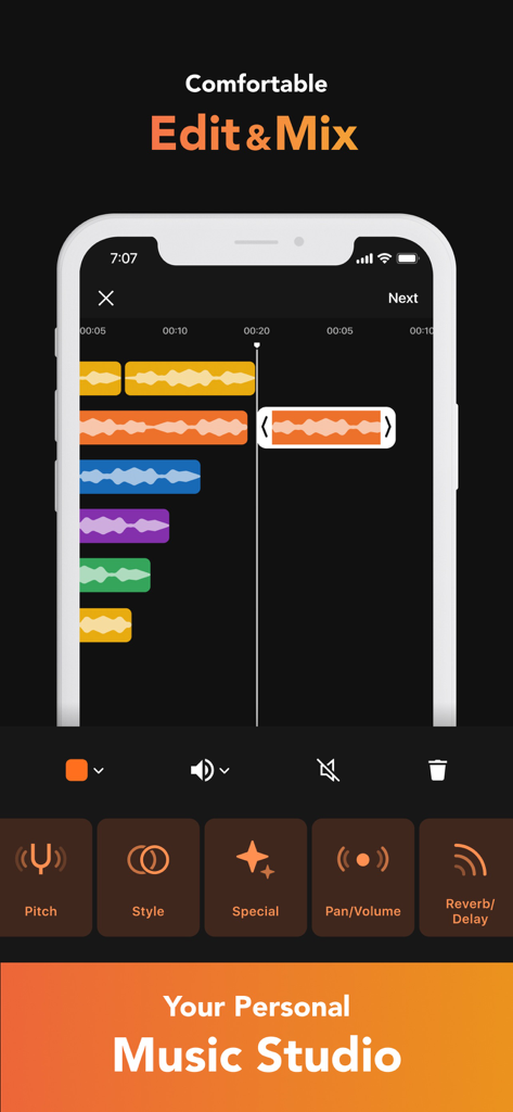 nana - co-creation platform - - Écran de smartphone montrant une interface d'édition et de mixage de musique multipiste avec des effets audio