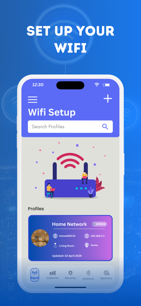 Interface de l'application Wifi Map plus montrant les profils réseau et les outils d'optimisation du signal