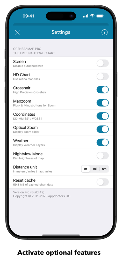 OpenSeaMap - OpenSeaMap settings screen showing nautical chart and navigation configuration options
