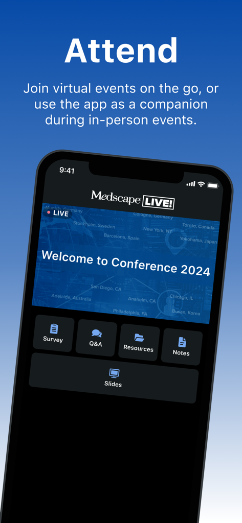 Medscape LIVE app interface for attending virtual medical events and accessing conference materials