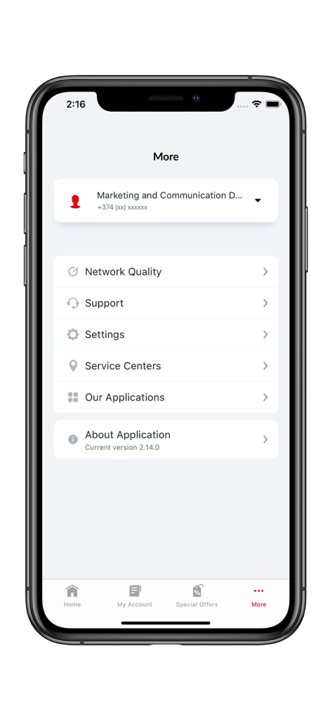 My-Viva - My-Viva app More screen displaying menu options for support settings and service centers on iPhone