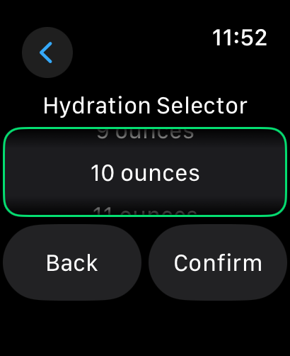 Hydro Buddy - Sélecteur d'hydratation Hydro Buddy sur Apple Watch montrant une sélection de 10 onces avec les boutons retour et confirmer