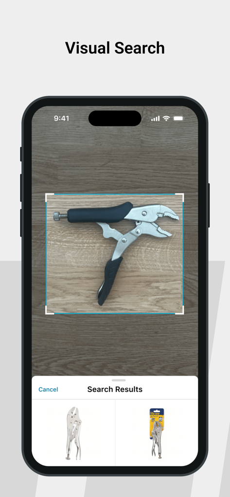A mobile app screen demonstrating a visual search feature identifying a pair of locking pliers from a photograph.