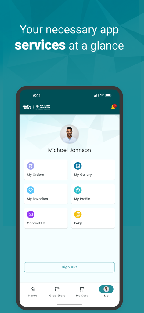 Reed Events - Reed Events卒業アプリのユーザープロファイルインターフェース。フォトギャラリーと注文履歴が特徴です。