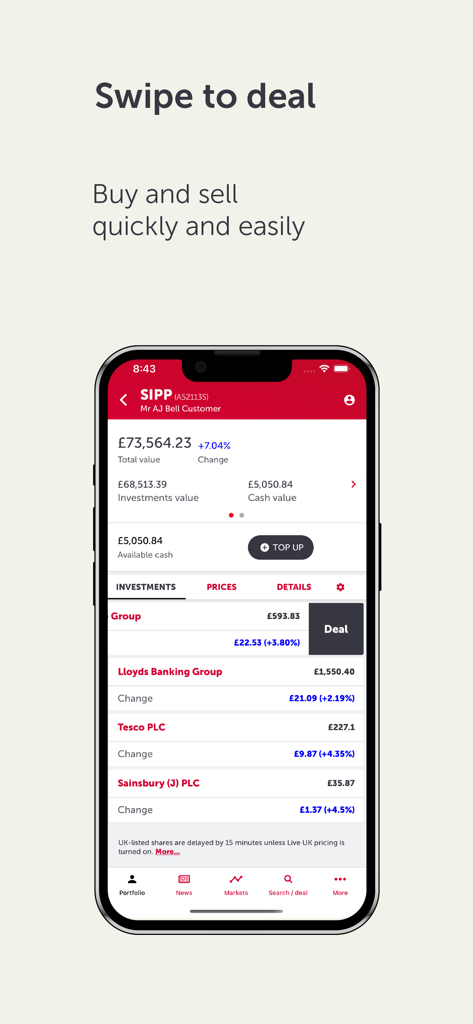 AJ Bell - AJ Bell mobile app interface showing a SIPP investment portfolio with share holdings and a deal button